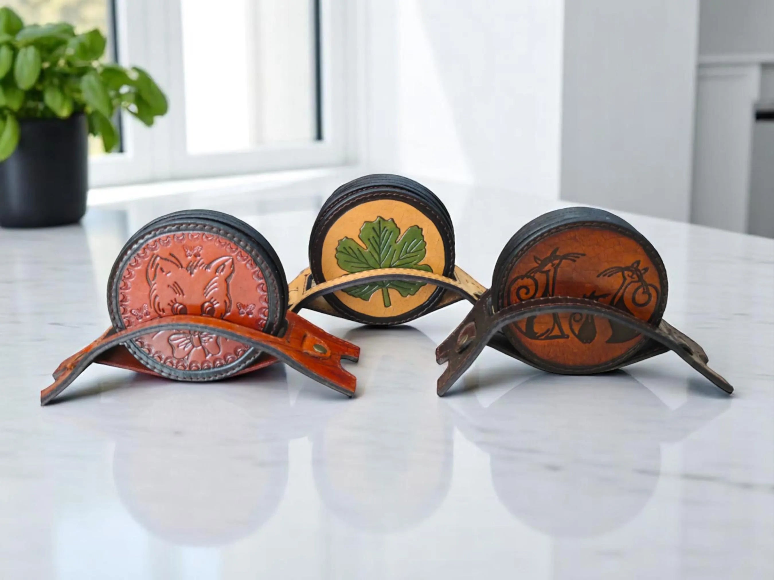 Leather Coaster Set | Cat Face Maple Leaf Pyrography Art | Rustic Farmhouse Barware | Hand-Burned Veg-Tan | 6 Pieces