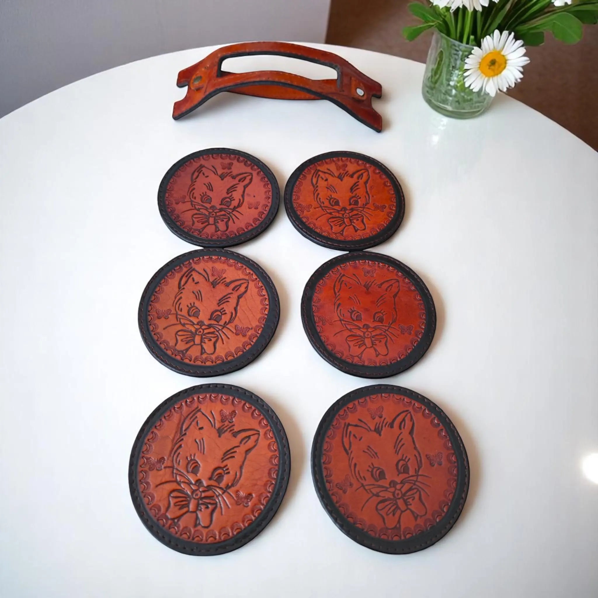 Leather Coaster Set | Cat Face Maple Leaf Pyrography Art | Rustic Farmhouse Barware | Hand-Burned Veg-Tan | 6 Pieces