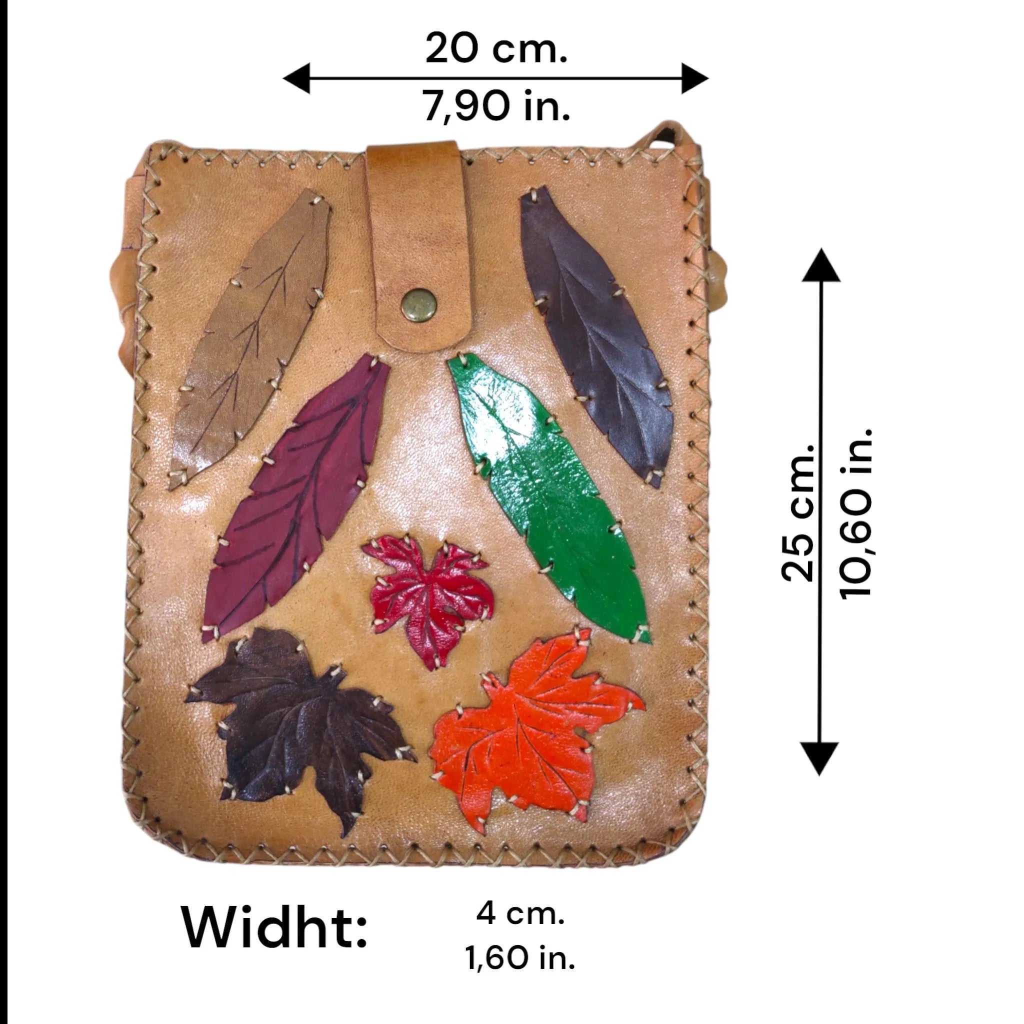 Leaf Patchwork Leather Crossbody Bag | Botanical Appliqué Satchel | Boho Festival Nature Forest | Full Grain Tan Cowhide