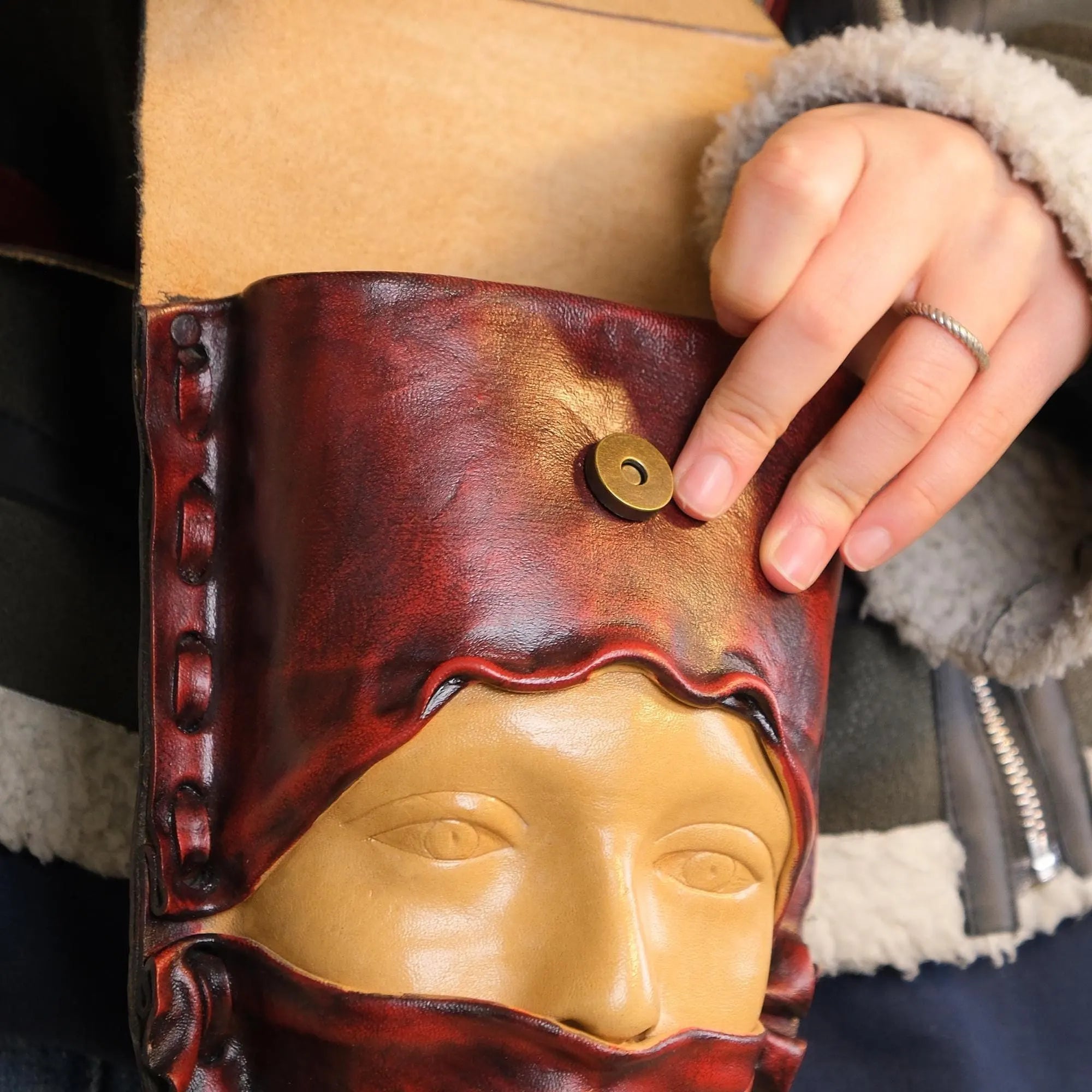 Leather Face Bag | 3D Sculpted Mask | Hand Painted Crossbody | Avant Garde Steampunk Gothic Art | Full Grain Leather