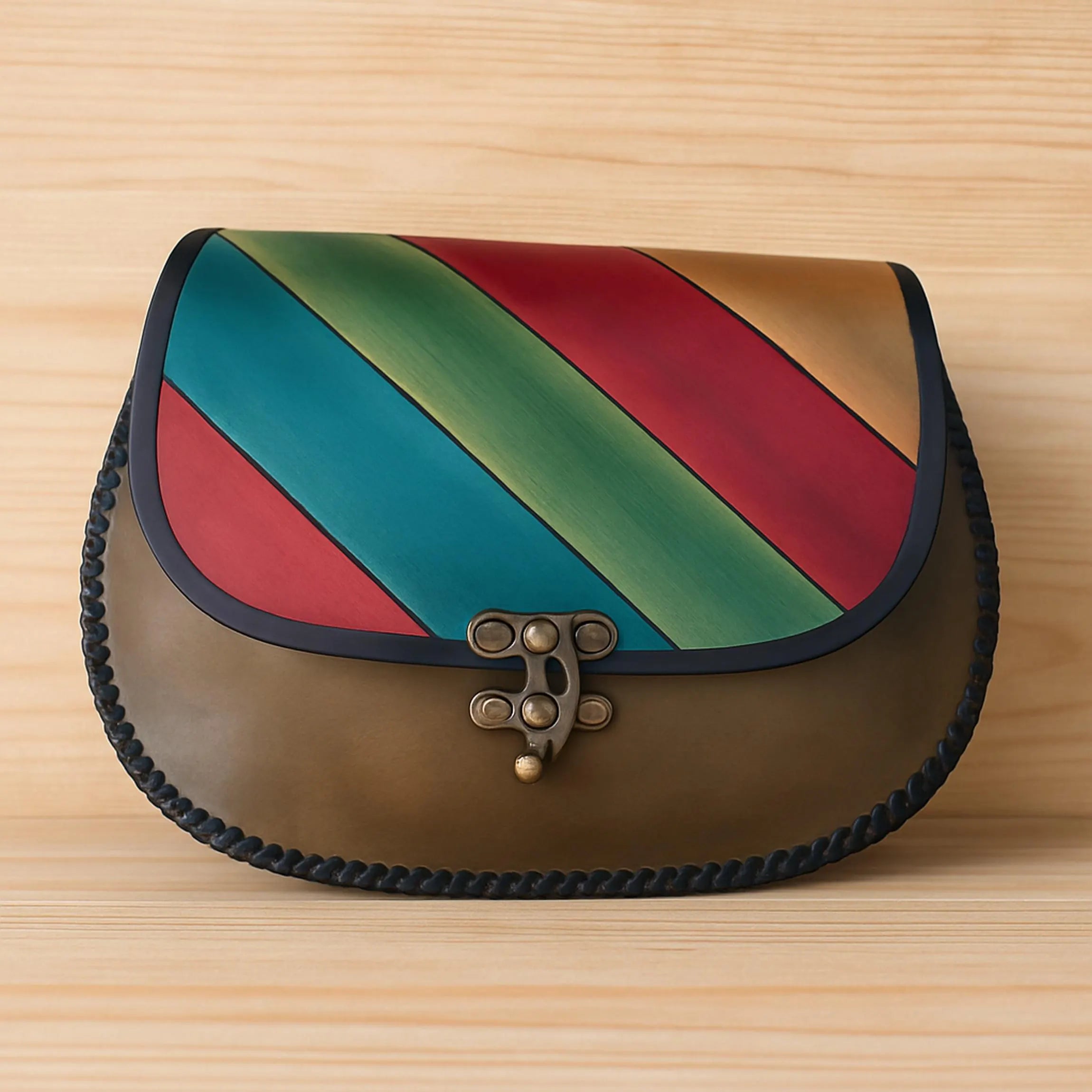 Geometric Leather Crossbody Bag | Hand Painted Aztec Kilim Pattern | Boho Western Satchel | Veg-Tan Full Grain Cowhide