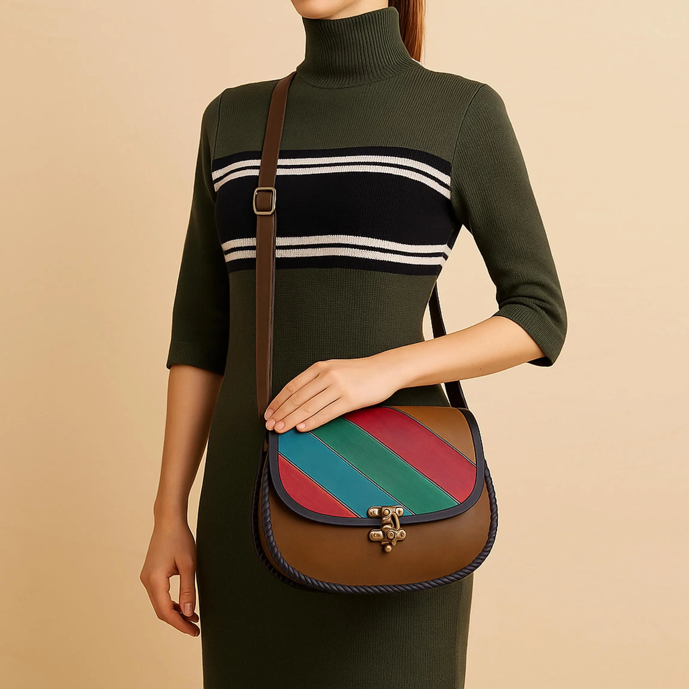 Geometric Leather Crossbody Bag | Hand Painted Aztec Kilim Pattern | Boho Western Satchel | Veg-Tan Full Grain Cowhide