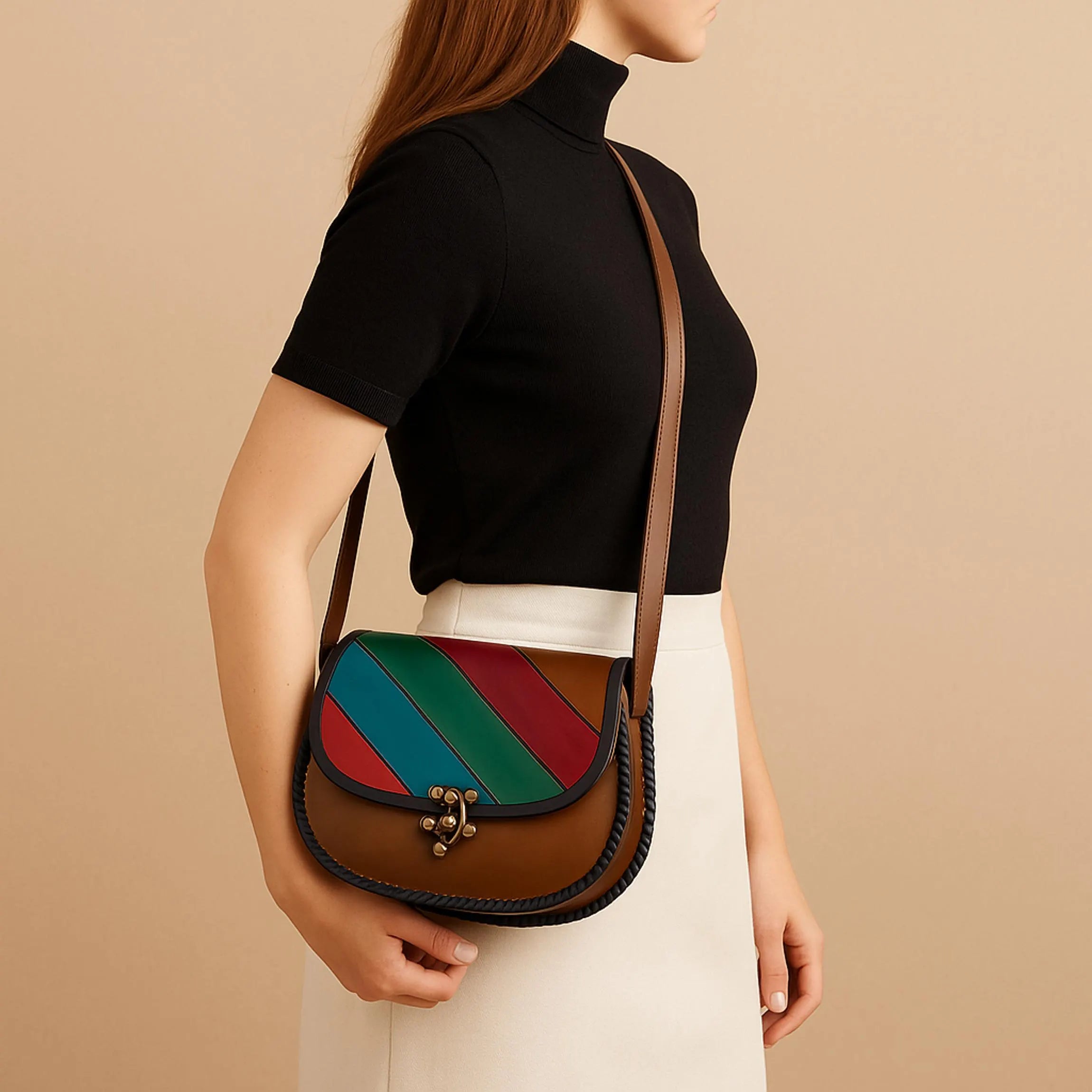 Geometric Leather Crossbody Bag | Hand Painted Aztec Kilim Pattern | Boho Western Satchel | Veg-Tan Full Grain Cowhide