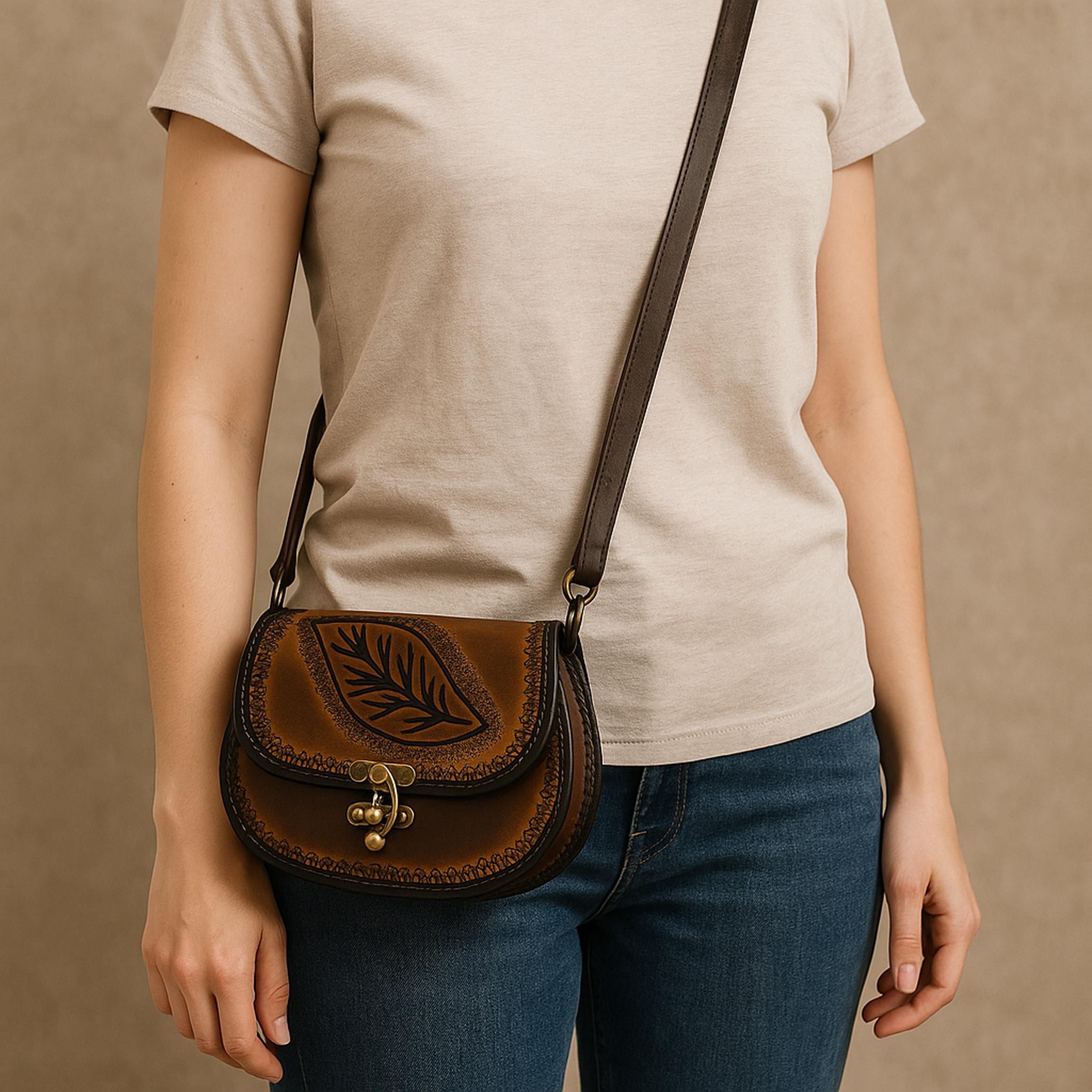 Tooled Leather Crossbody Bag | Floral Carved Satchel | Pink Basket Weave Western Boho | Structured Case | Veg-Tan Full Grain