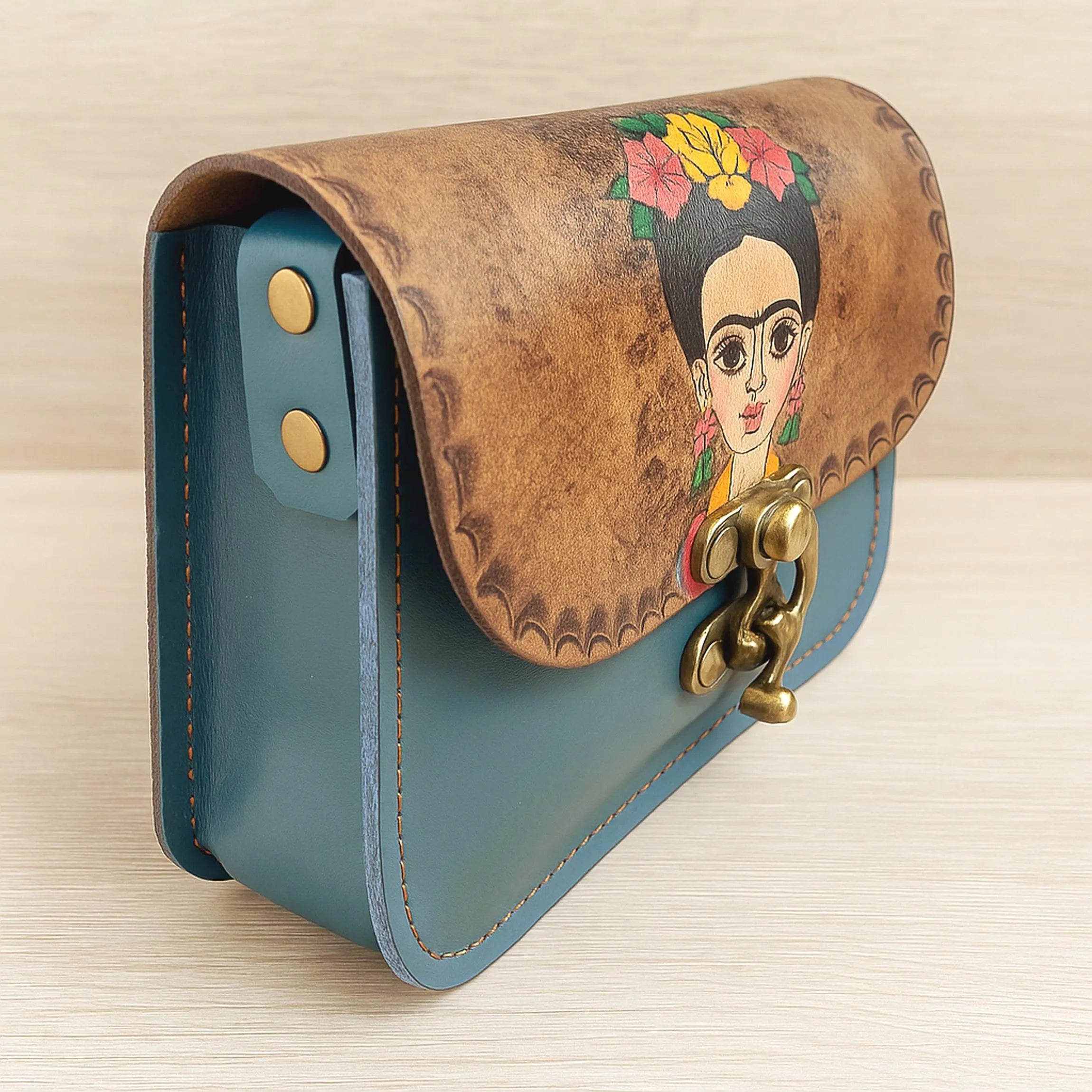Frida Kahlo Hand Painted Leather Crossbody Bag | Mexican Portrait Satchel | Feminist Colorful Boho | Full Grain Cowhide | Small