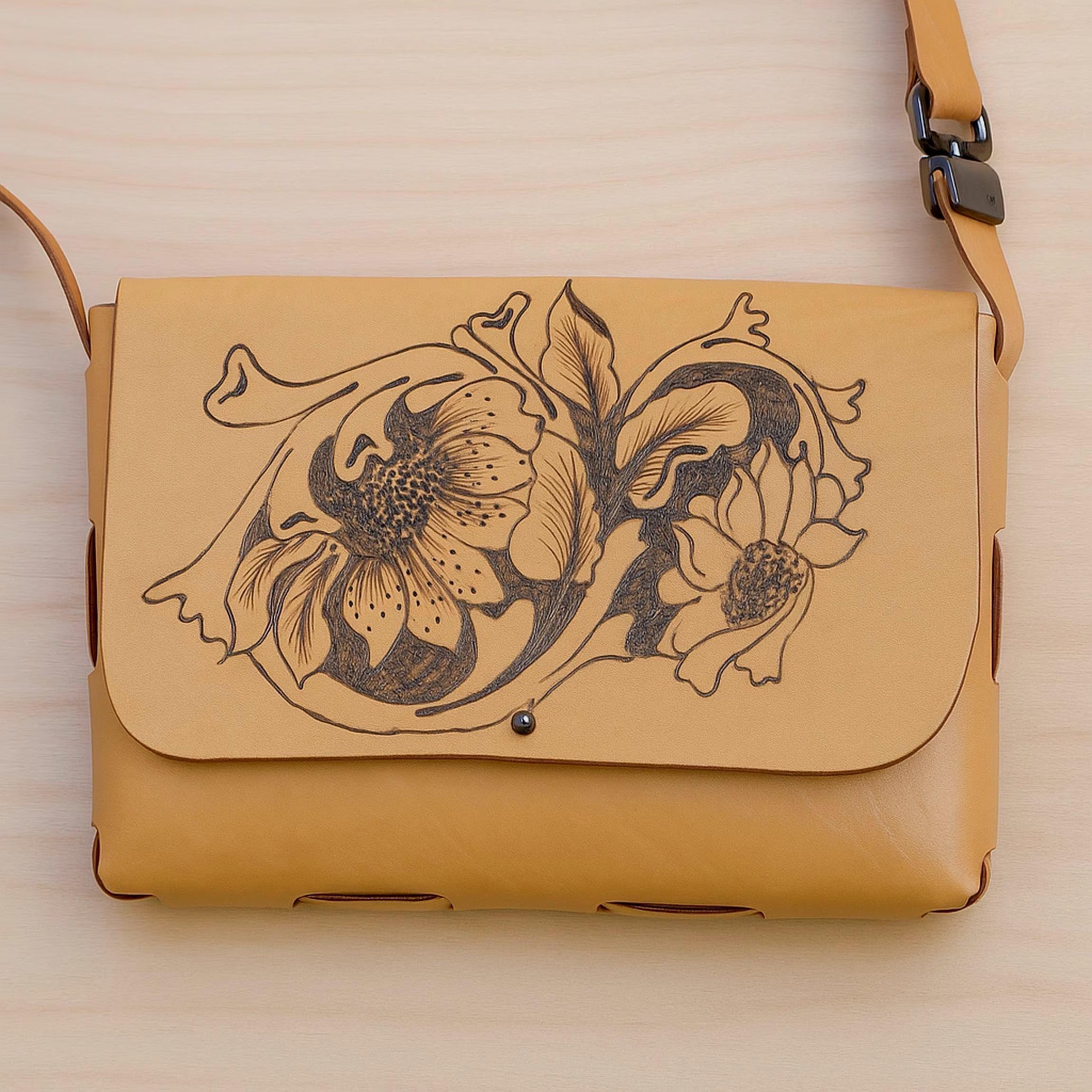 Hand Tooled Floral Leather Crossbody Bag | Boho Western Satchel Artisan Painted