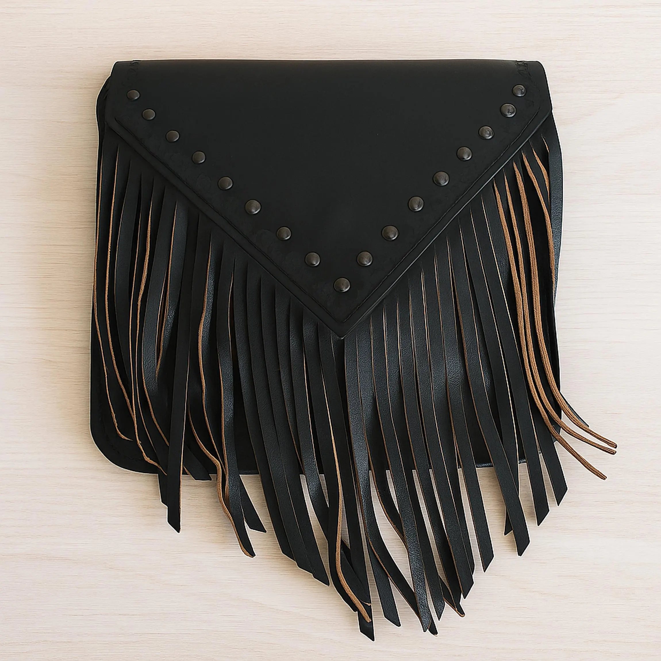Hand Fringed Leather Crossbody Bag | Studded Boho Western Tassel Satchel