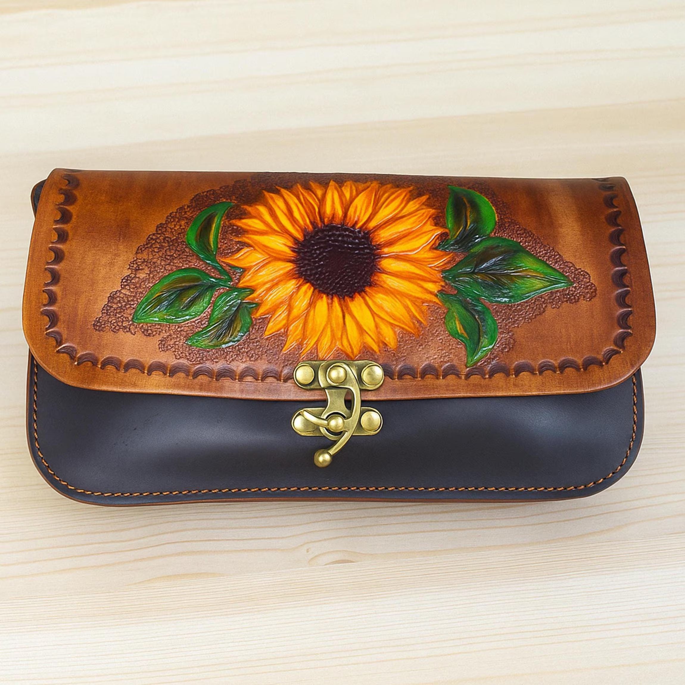 Sunflower Leather Bag | Handmade Tooled Crossbody | Floral Hand Painted Purse | Veg-Tan Full Grain | One of a Kind