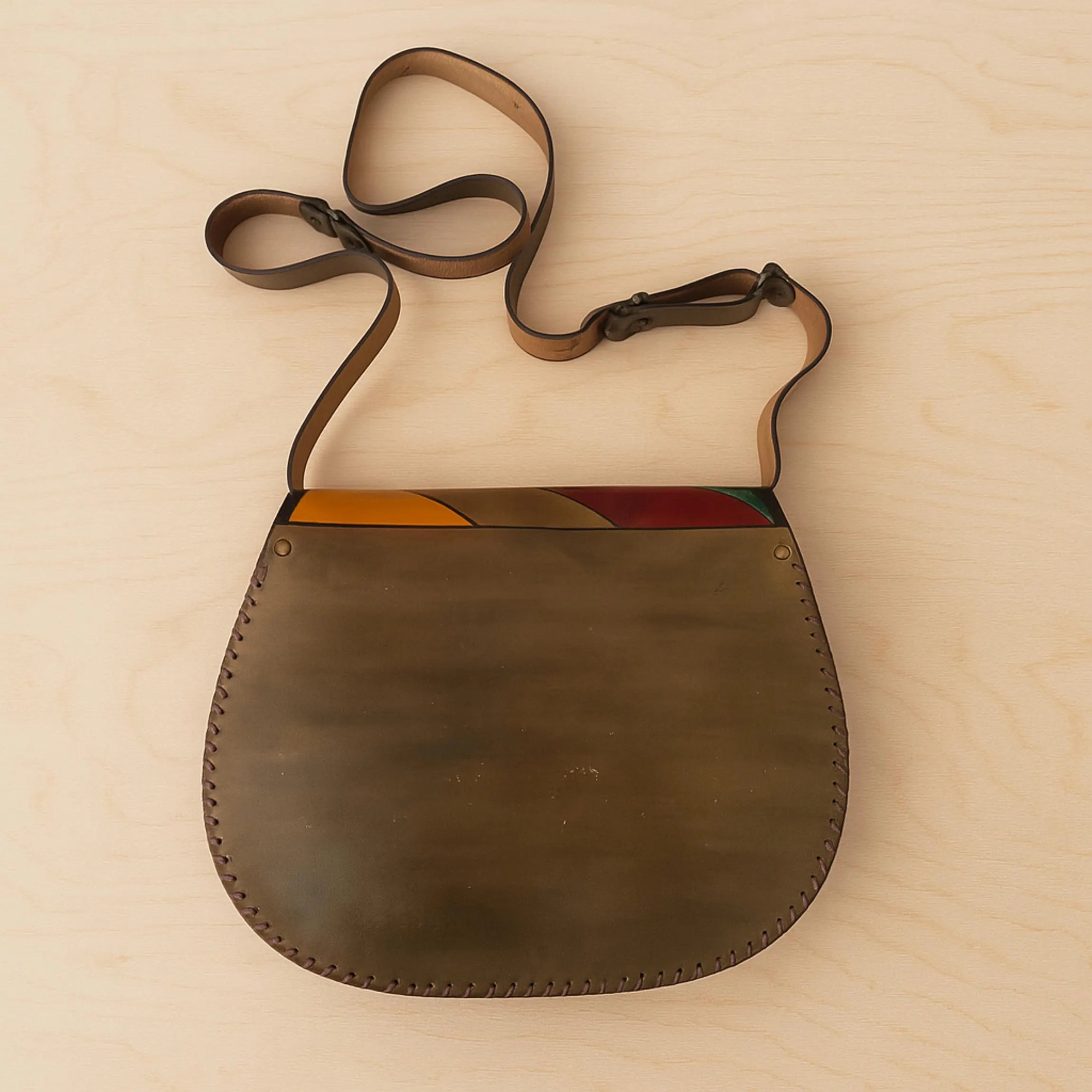 Geometric Leather Crossbody Bag | Hand Painted Aztec Kilim Pattern | Boho Western Satchel | Veg-Tan Full Grain Cowhide