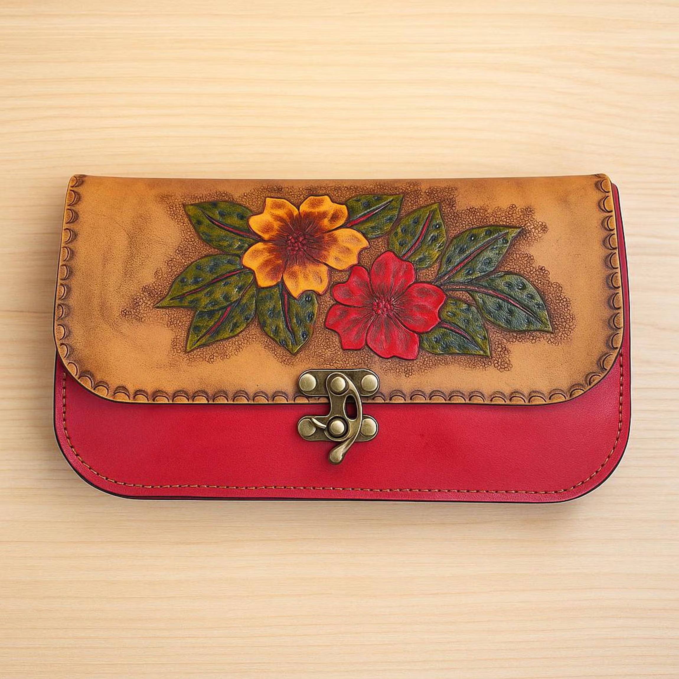 Red Floral Leather Crossbody Bag | Hand-Tooled Boho Shoulder Bag | One of a Kind Painted Artisan Satchel | Veg-Tan Full Grain