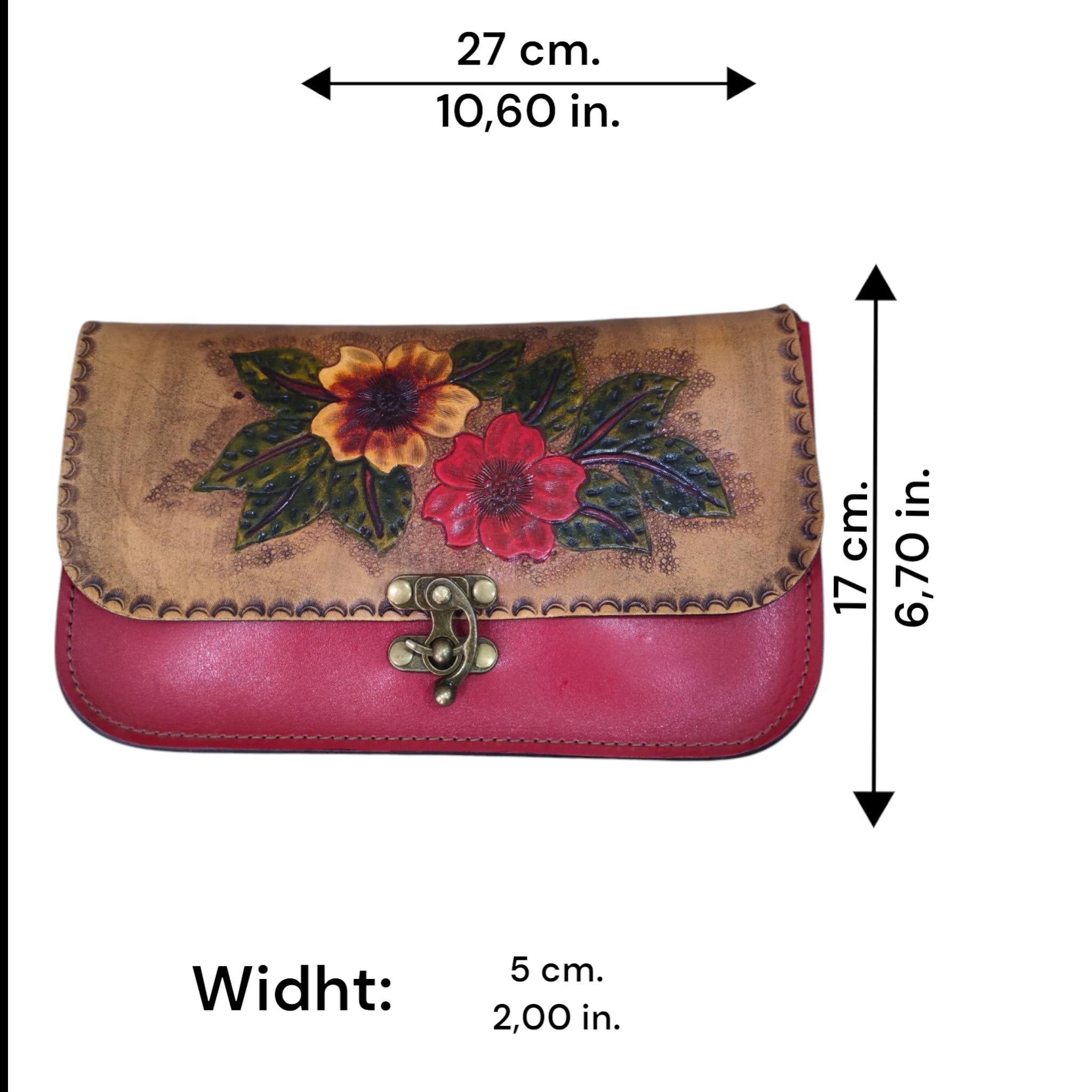 Red Floral Leather Crossbody Bag | Hand-Tooled Boho Shoulder Bag | One of a Kind Painted Artisan Satchel | Veg-Tan Full Grain