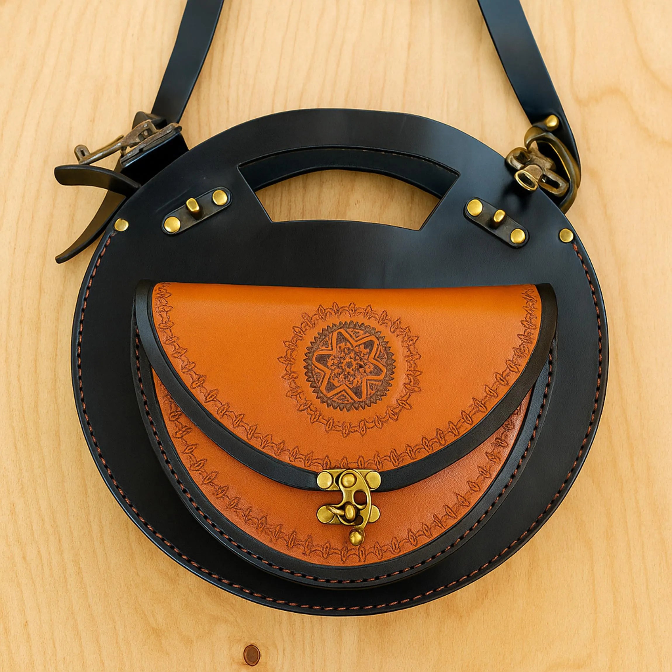 Turkish Floral Bag | Round Leather Crossbody | Pyrography Art Canteen Circle Satchel | Tooled Boho Messenger | Veg-Tan Full Grain