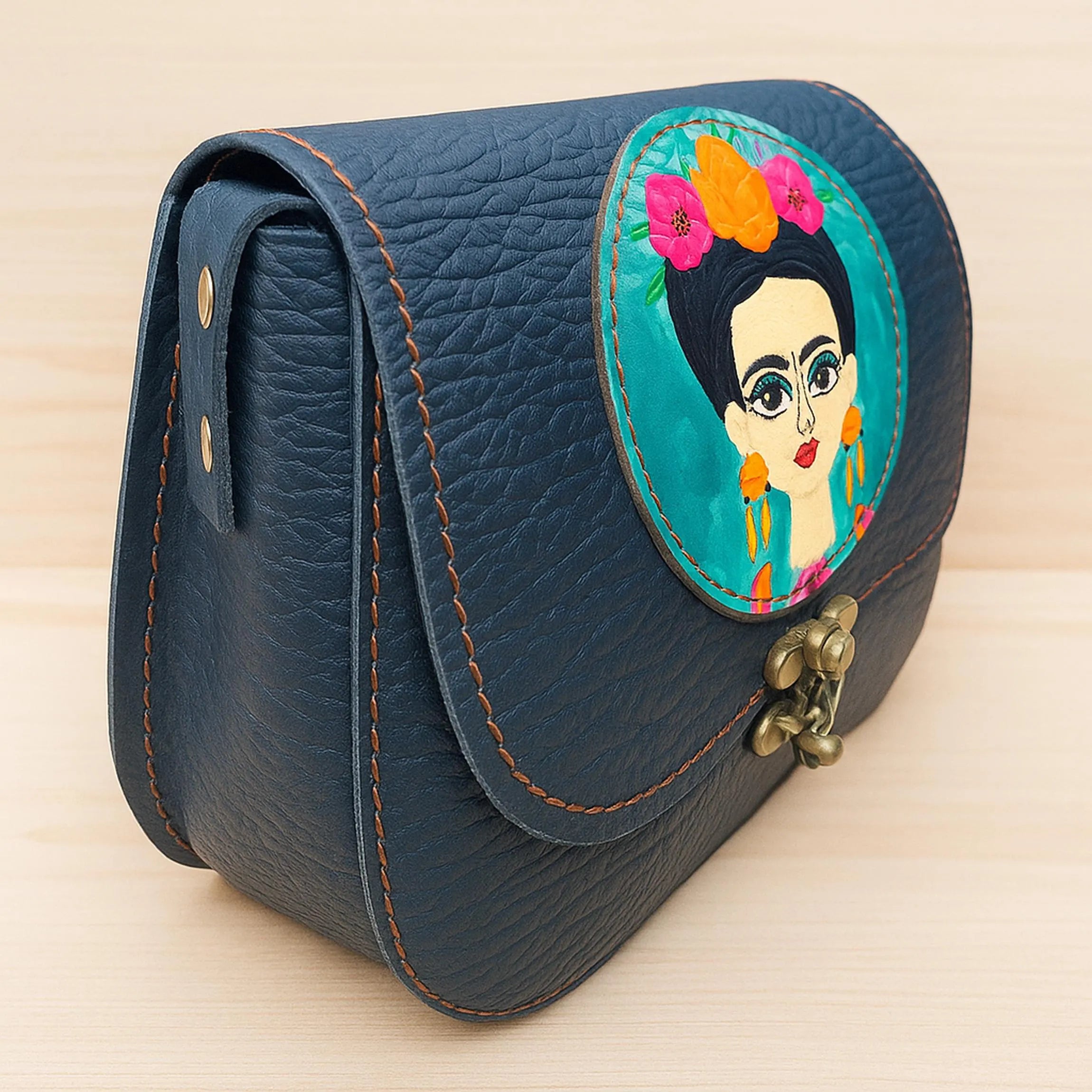 Frida Kahlo Hand Painted Leather Crossbody Bag | Mexican Portrait Satchel | Feminist Colorful Boho | Full Grain Cowhide | Small