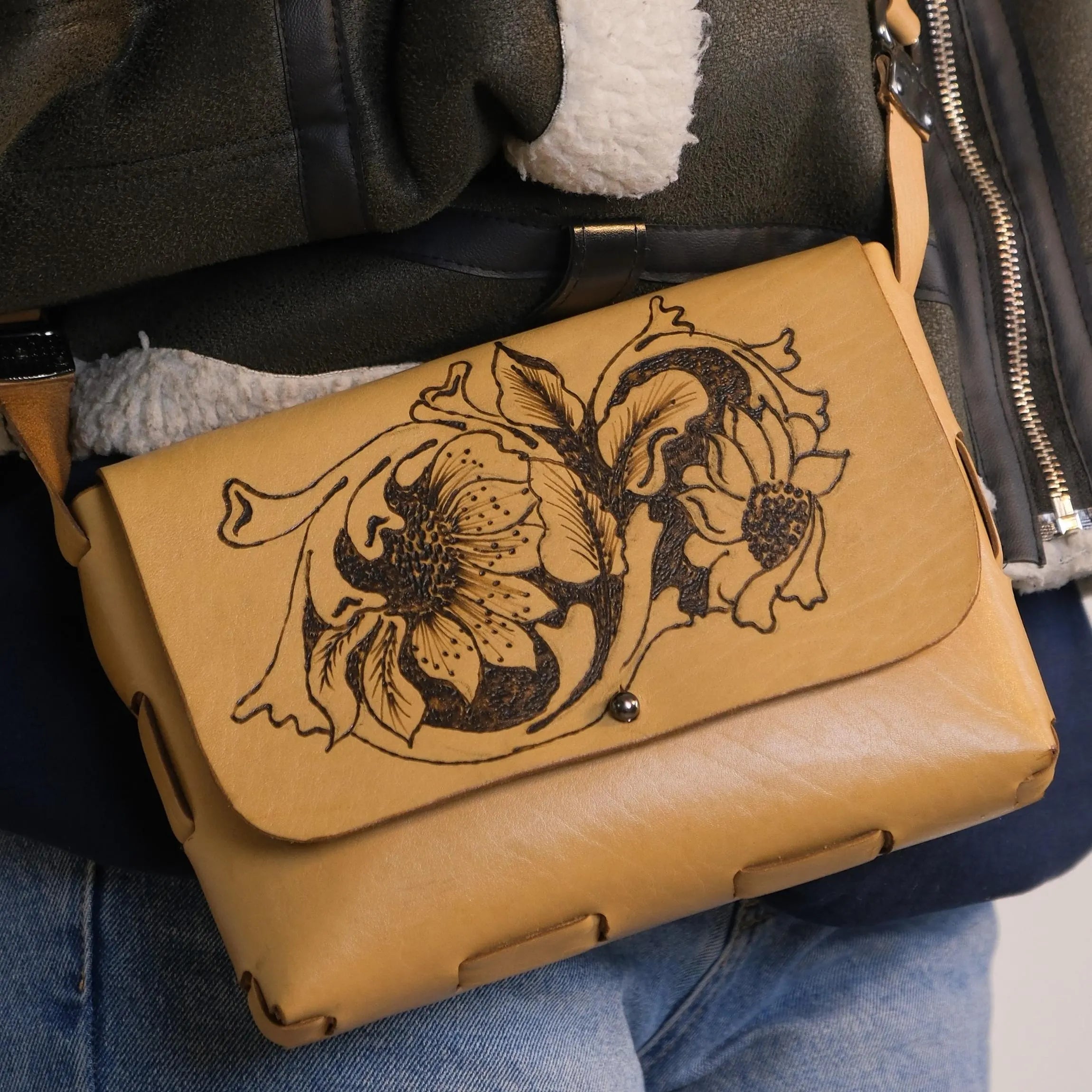 Hand Tooled Floral Leather Crossbody Bag | Boho Western Satchel Artisan Painted