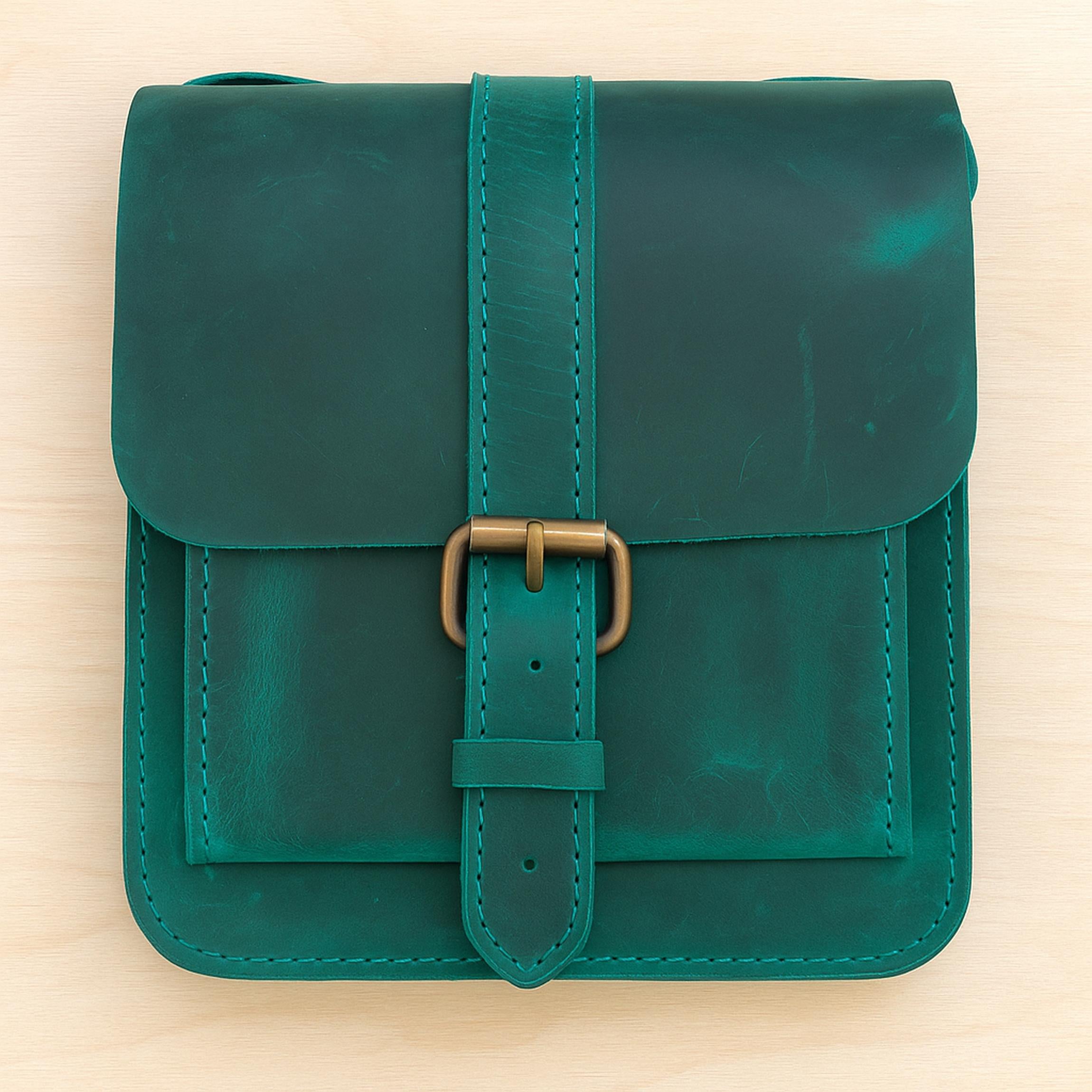 Colorful Leather Bag | Artisan Hand-Dyed Satchel | Vintage Crossbody | Square Boho Pouch | Veg-Tan Full Grain | Green Red Maroon