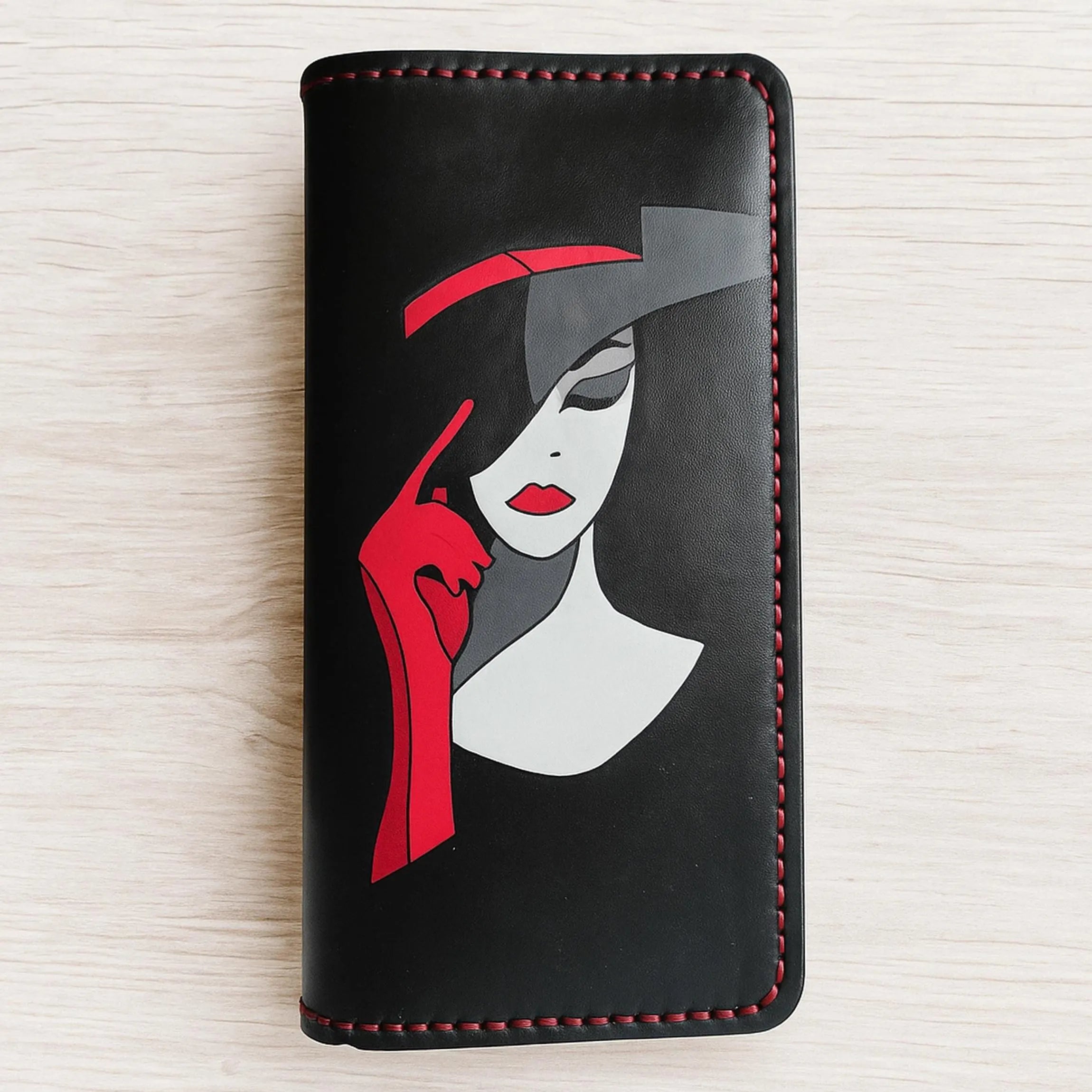 Lady Art Wallet | Hand-Burned Silhouette | Full Grain Leather Slim Long Bifold | Handmade Artisan Purse | Veg-Tan Cowhide