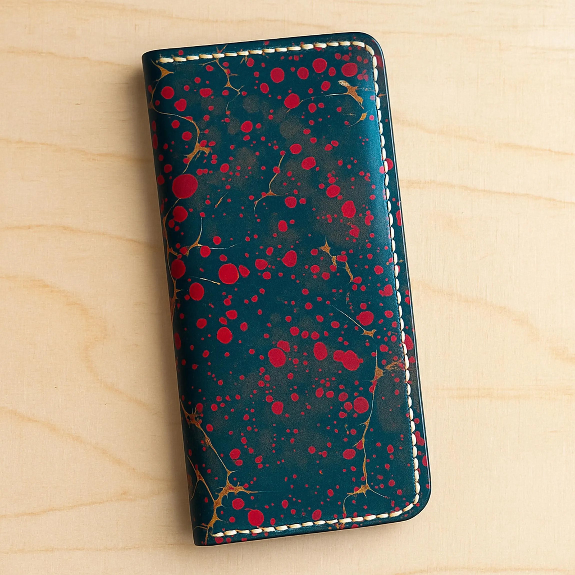 Turkish Ebru Wallet | Handmade Slim Long Bifold | Genuine Veg-Tan Marbled Pattern Cowhide | Art Piece | Unisex Travel Wallet
