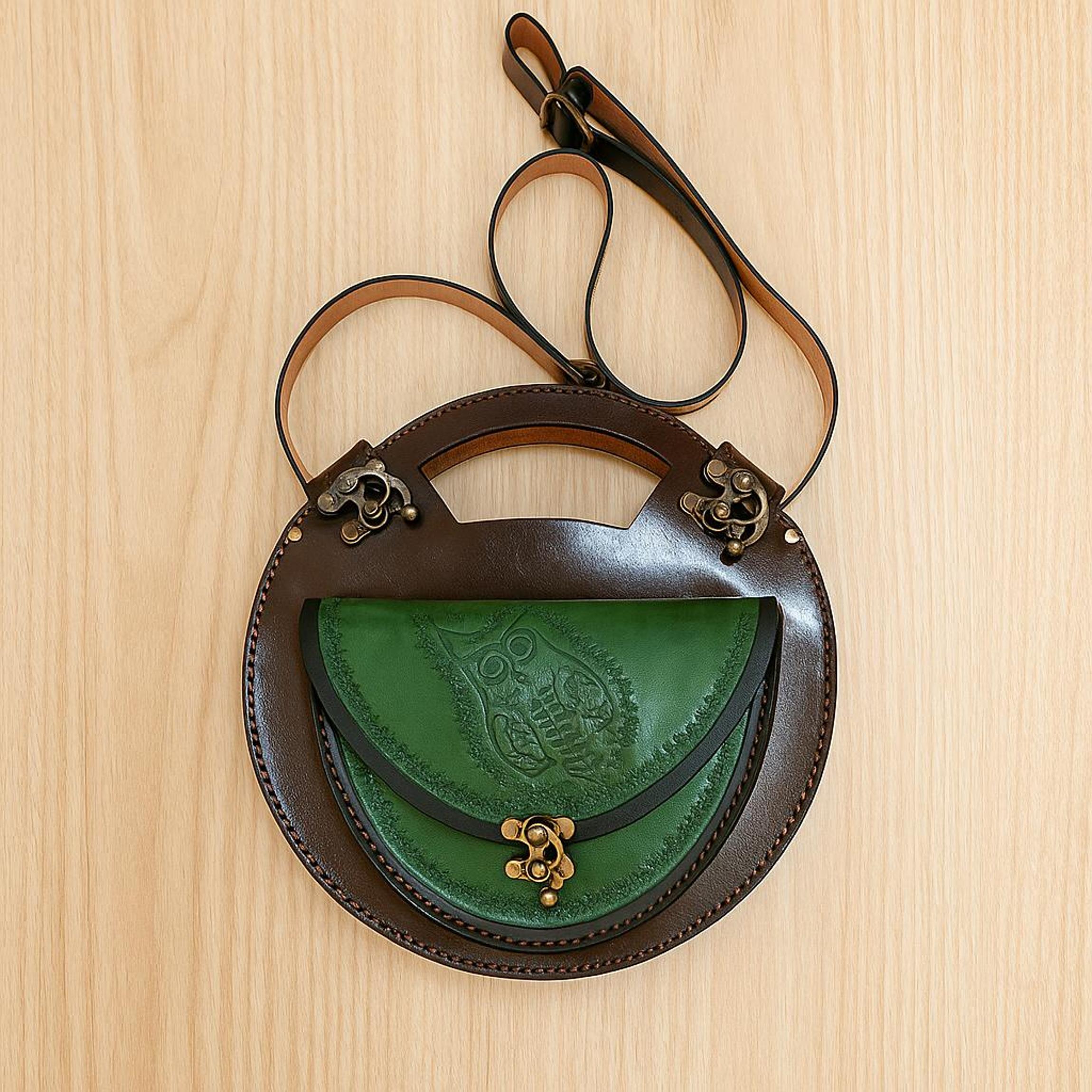 Owl Leather Crossbody Bag | Pyrography Bird Motif | Forest Green Tooled Messenger | Dark Academia Handmade | Veg-Tan Full Grain