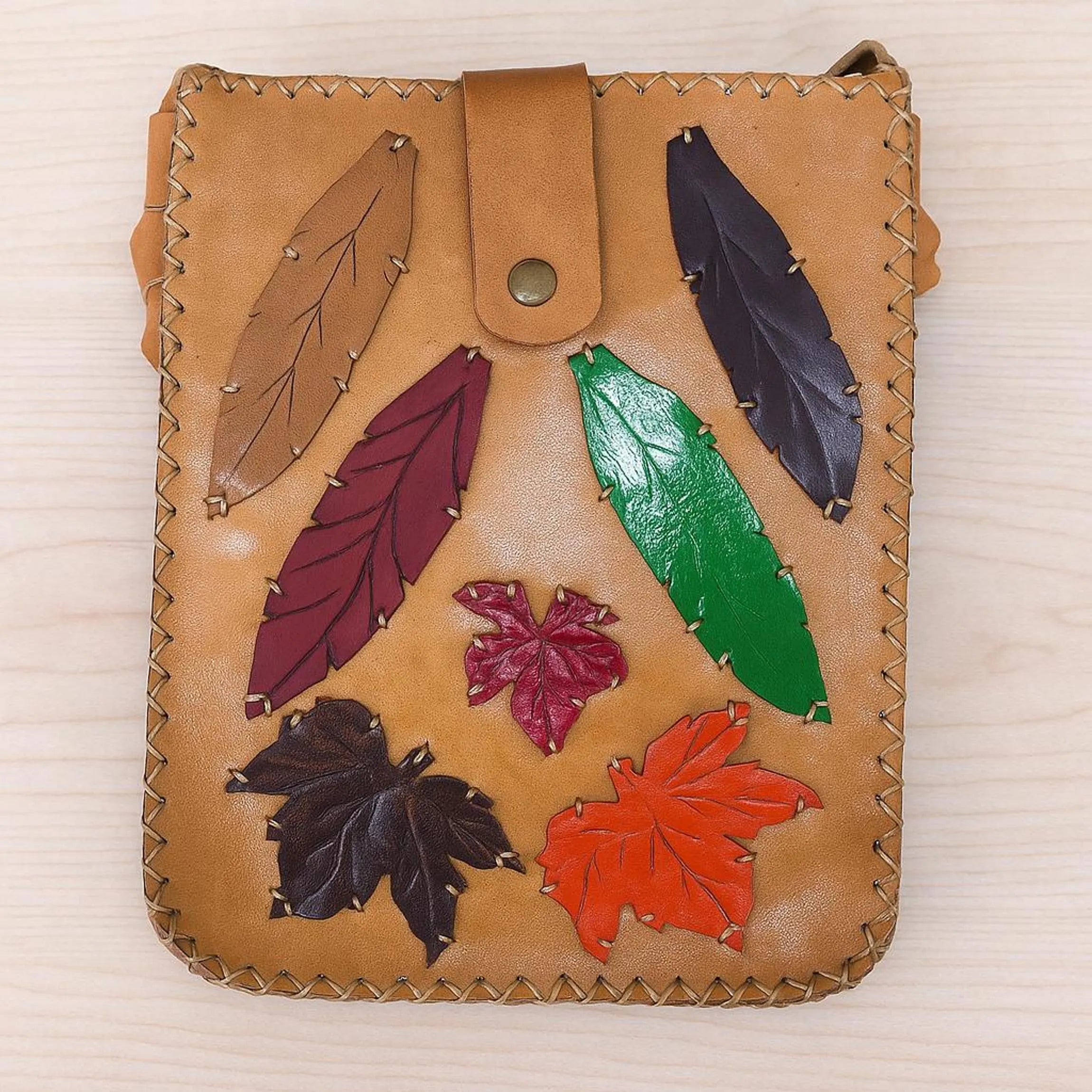 Leaf Patchwork Leather Crossbody Bag | Botanical Appliqué Satchel | Boho Festival Nature Forest | Full Grain Tan Cowhide