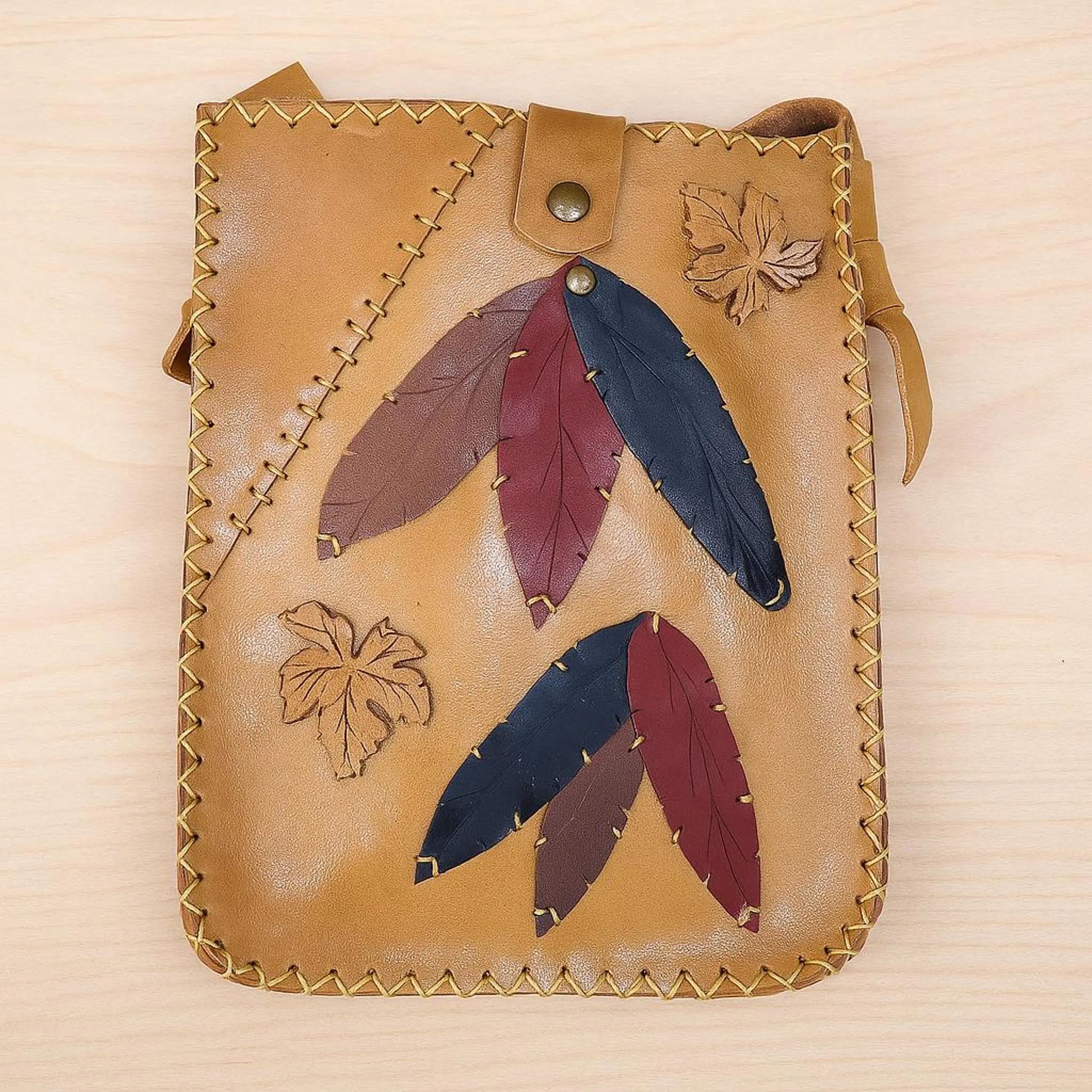 Leaf Patchwork Leather Crossbody Bag | Botanical Appliqué Satchel | Boho Festival Nature Forest | Full Grain Tan Cowhide