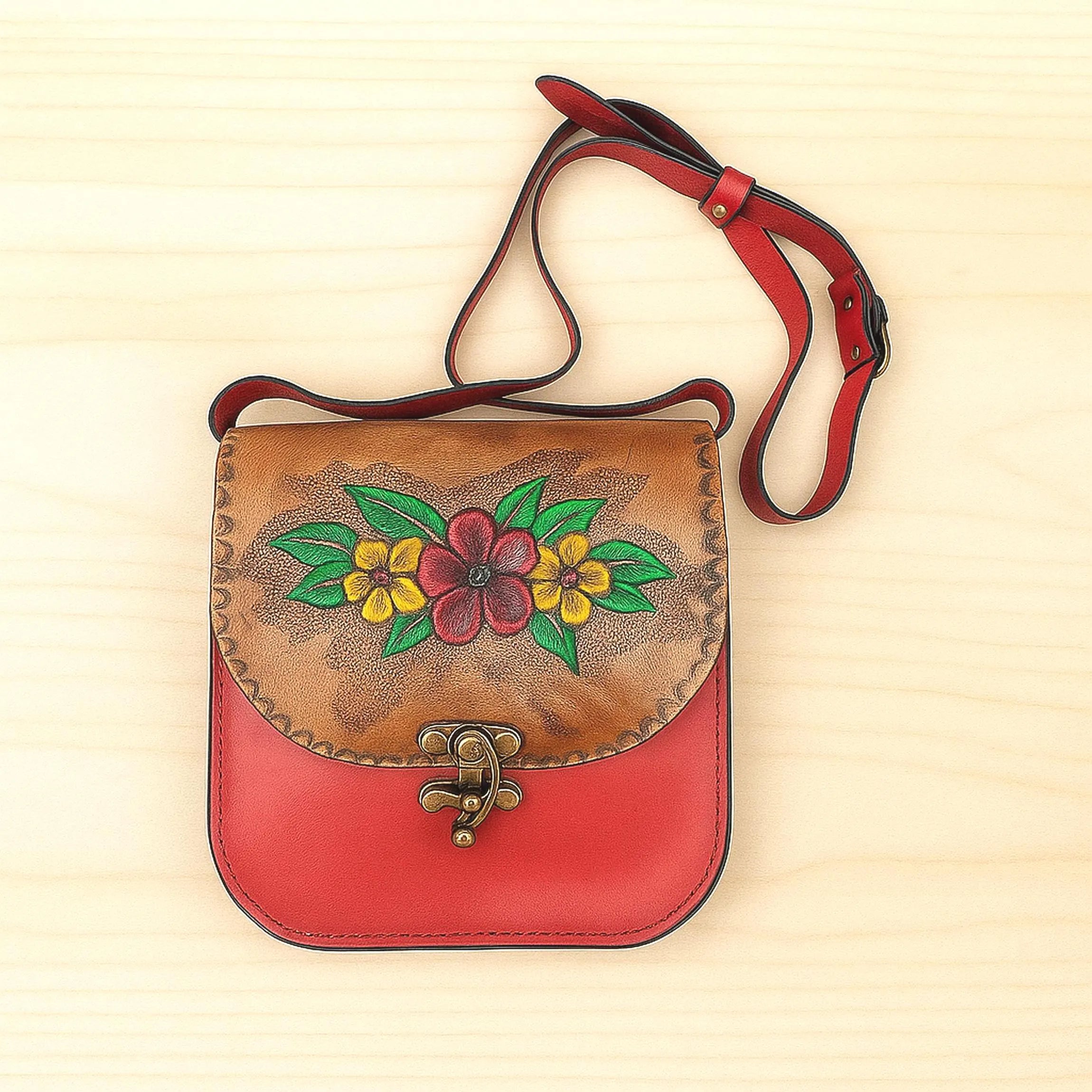 Burgundy Floral Leather Bag | Hand-Tooled Crossbody Satchel | Pyrography Painted Purse | Boho Botanical Carved Vintage | Veg-Tan Full Grain
