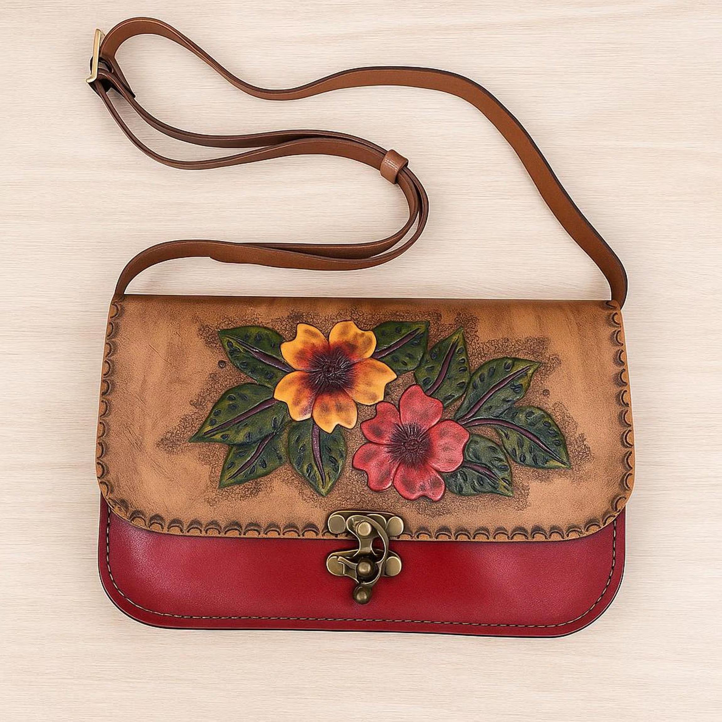 Red Floral Leather Crossbody Bag | Hand-Tooled Boho Shoulder Bag | One of a Kind Painted Artisan Satchel | Veg-Tan Full Grain