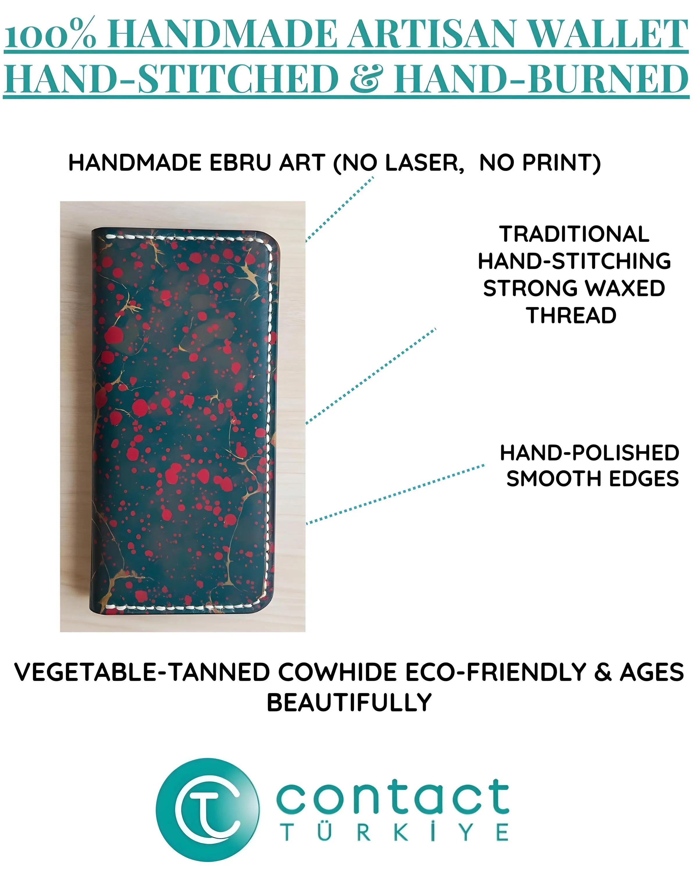 Turkish Ebru Wallet | Handmade Slim Long Bifold | Genuine Veg-Tan Marbled Pattern Cowhide | Art Piece | Unisex Travel Wallet