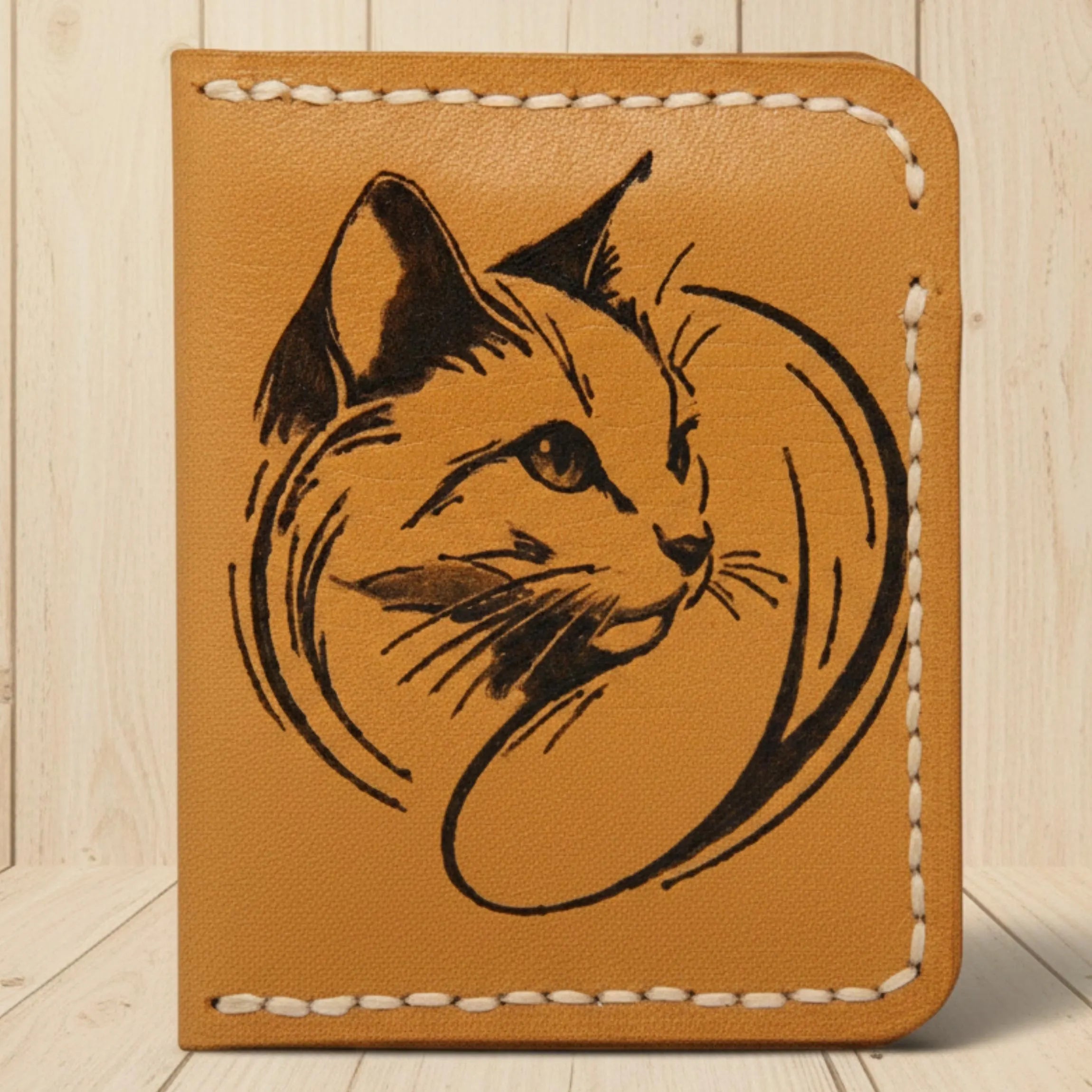 Minimalist Leather Wallet | Hand-Burned Pyrography Art | Animal & Human Figure | Slim Bifold Card Holder | Veg-Tan Full Grain | Personalized