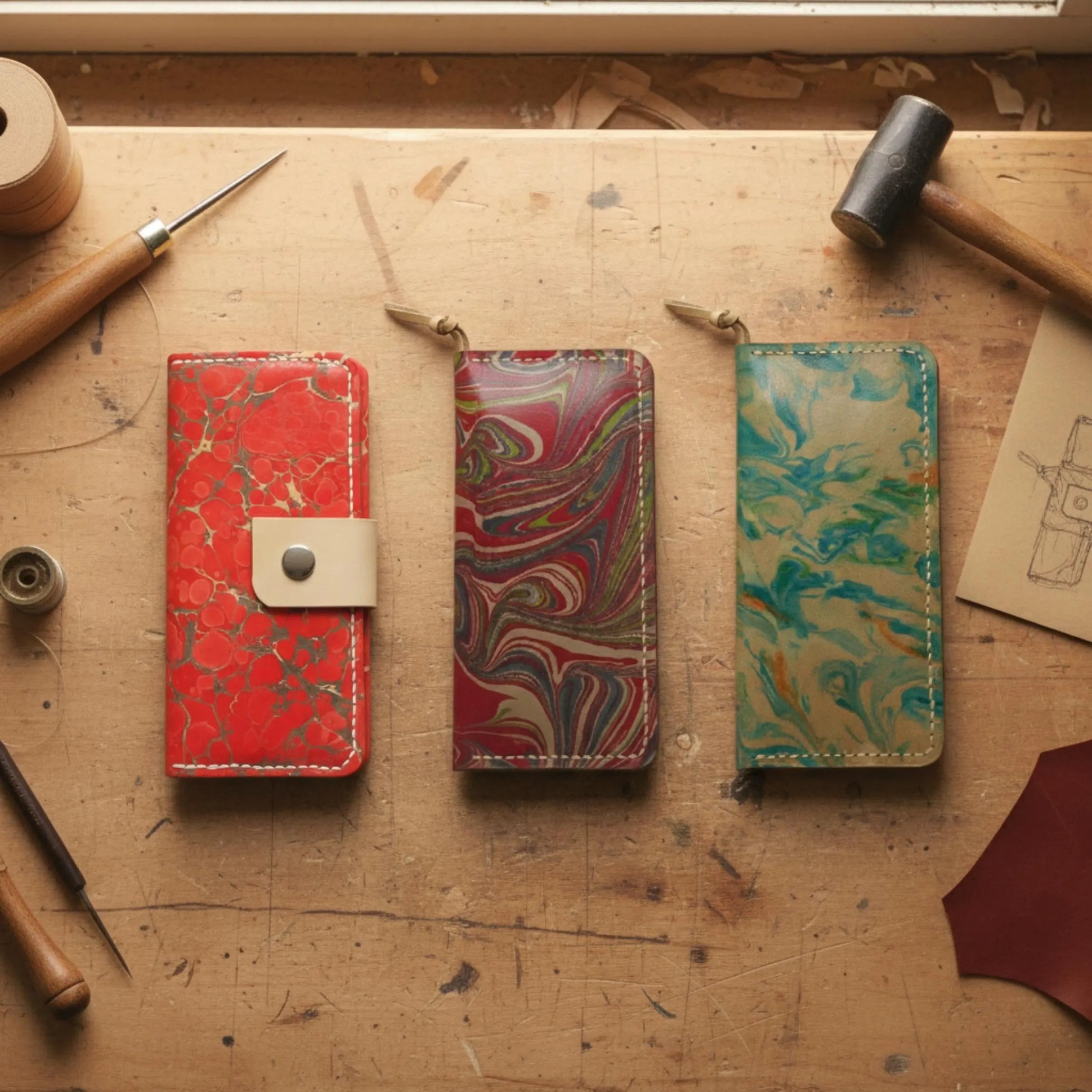 Marbled Leather Wallet | Large Handmade Ebru Art | Unique Long Clutch Purse | Genuine Veg-Tan Cowhide | 3 Variations