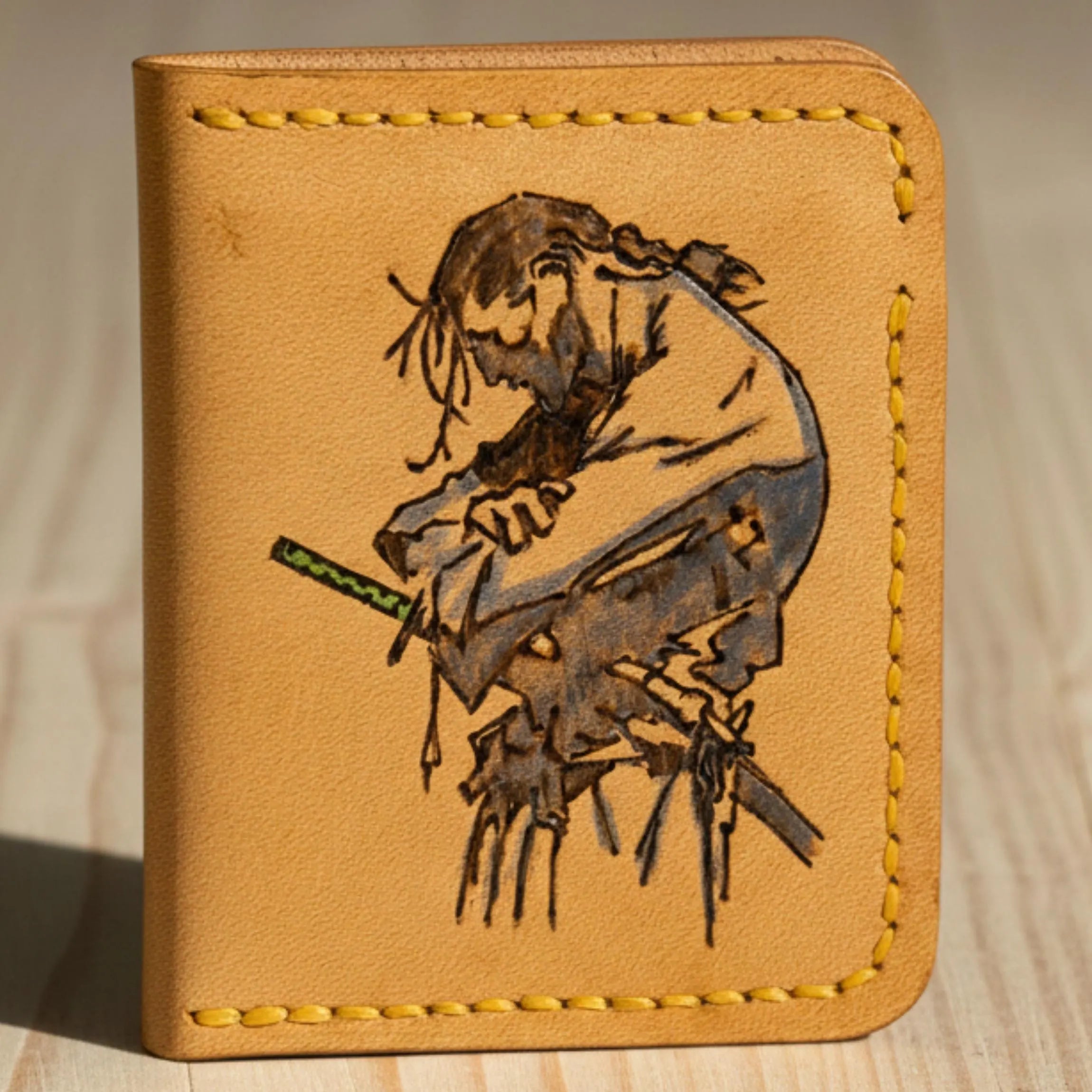 Minimalist Leather Wallet | Hand-Burned Pyrography Art | Animal & Human Figure | Slim Bifold Card Holder | Veg-Tan Full Grain | Personalized