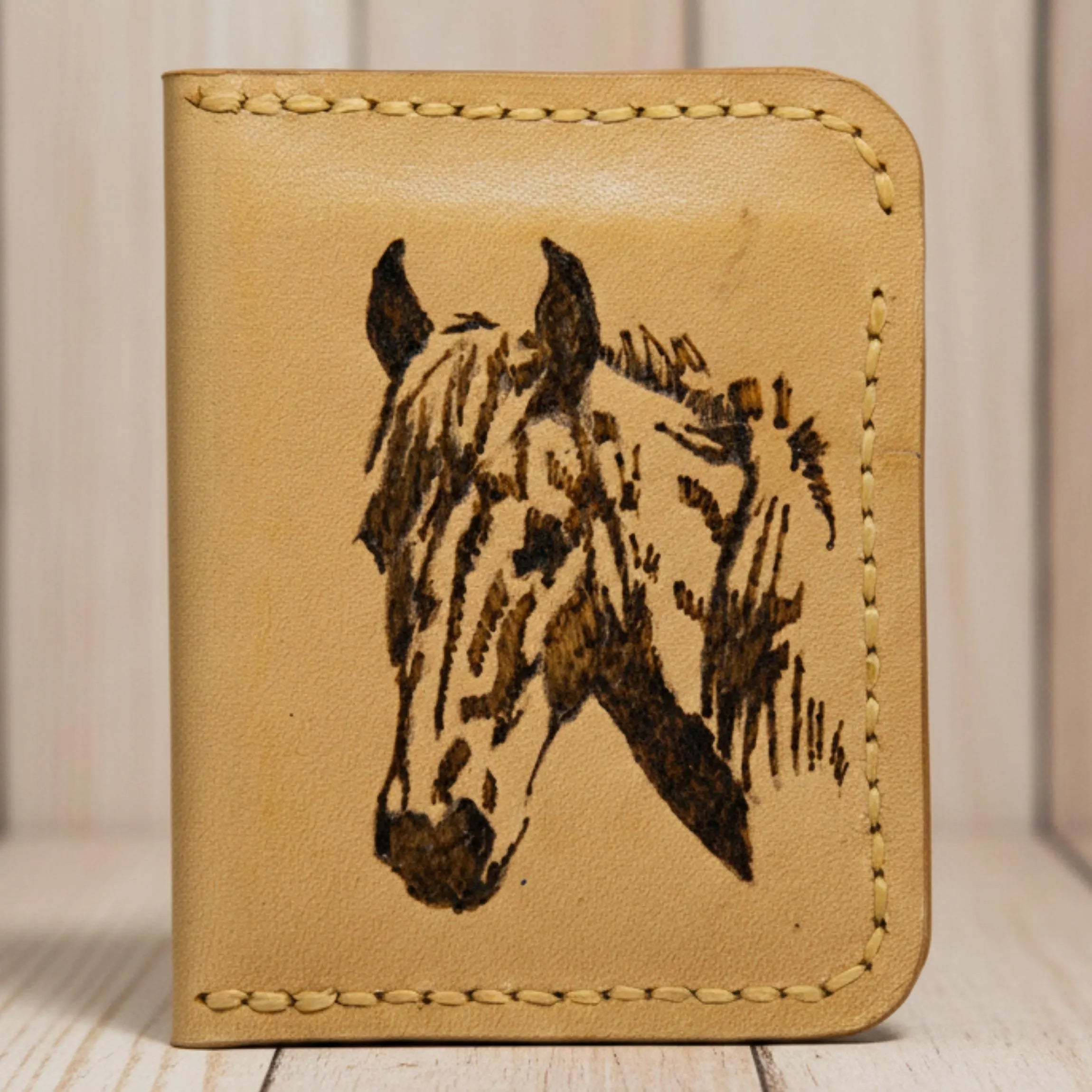 Minimalist Leather Wallet | Hand-Burned Pyrography Art | Animal & Human Figure | Slim Bifold Card Holder | Veg-Tan Full Grain | Personalized