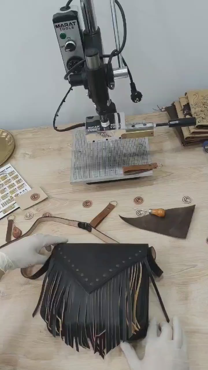 Hand Fringed Leather Crossbody Bag | Studded Boho Western Tassel Satchel
