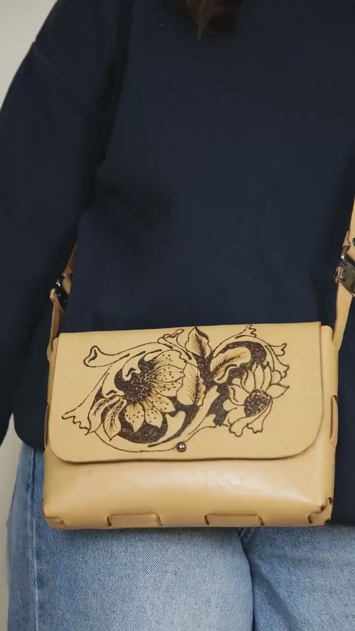 Hand Tooled Floral Leather Crossbody Bag | Boho Western Satchel Artisan Painted