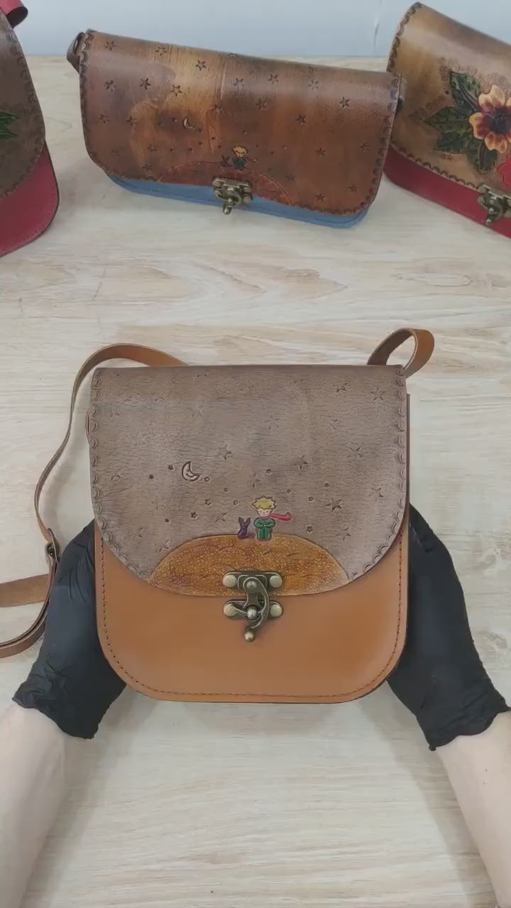 Handmade Le Petit Prince Leather Messenger Bag | Tooled Crossbody Satchel